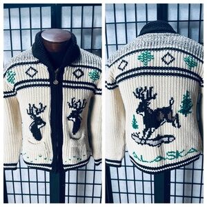 Caldwell 1950s Hand Fashioned Vintage Virgin Wool Cowichan Knit Deer Sweater
